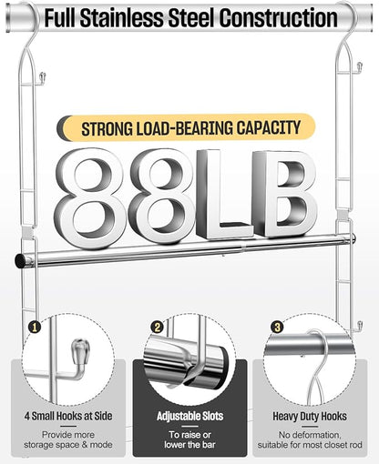 Supforce Hanging Closet Rod Stainless Steel, 1 Pack Adjustable Height & Width Closet Rod Extender, Space-Saving Closet Hanging Storage Organizer，Load up to 88LB