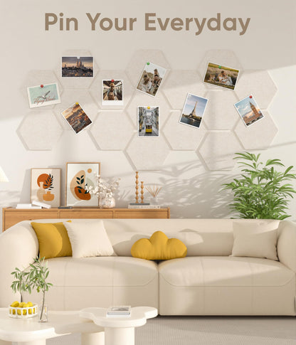 Toptople 12 Inch Large Hexagon Cork Board for Walls, 8 Pack Felt Bulletin Board Tiles, Pin Board with Push Pins for Office Photo and Note, Oatmeal