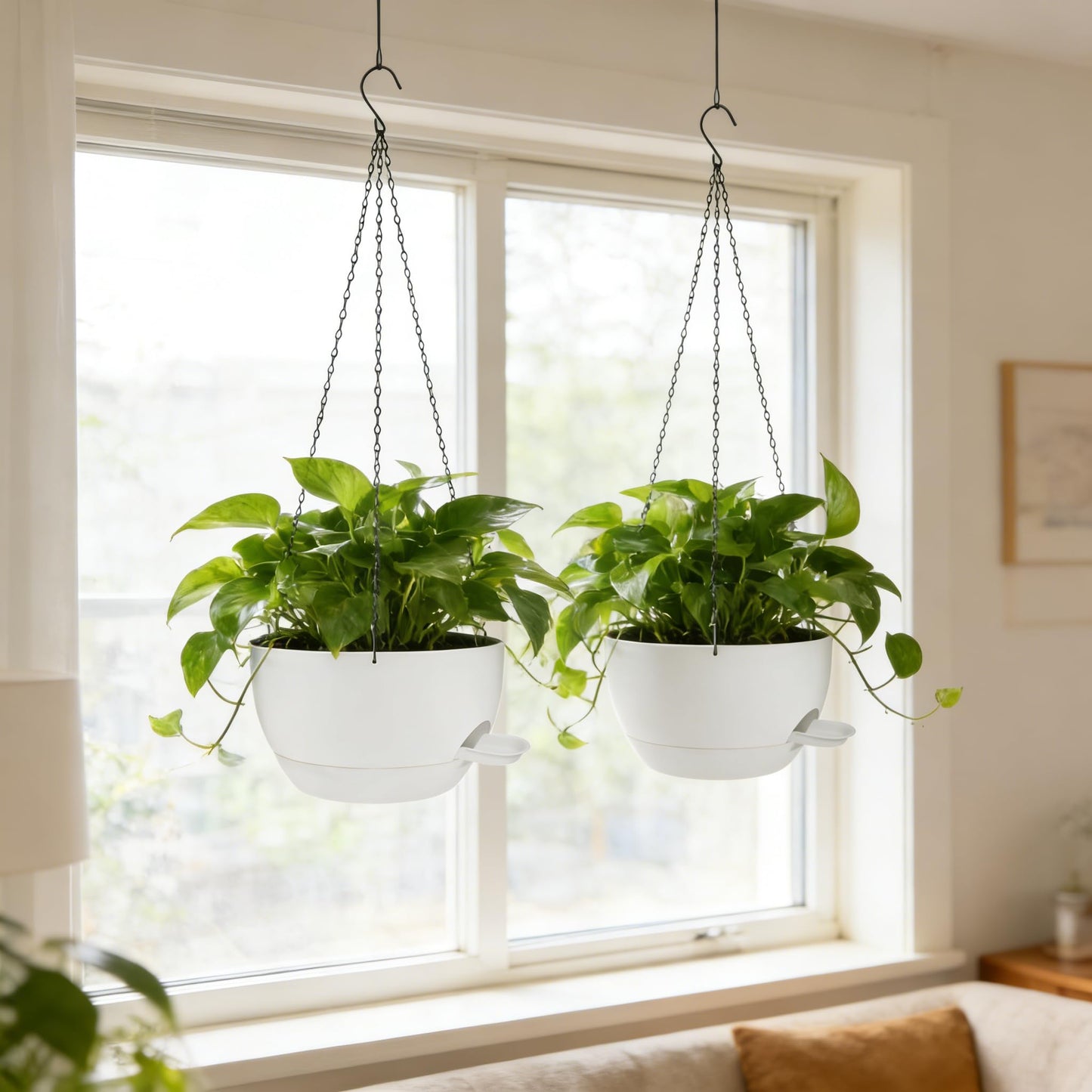 CNLBO 2 Pack Hanging Planters for Indoor Outdoor Plants, 12Inch Self Watering Hanging Pot with Drainage Holes and Saucer, Plastic Plant Pots, White Flower Pots for Kitchen, Balcony, Garden