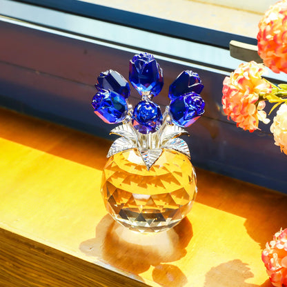 YWHL Crystal Blue Rose Flower Figurine with Round Vase, Rose Gifts for Wife Girlfriend, Romantic Gifts for Mom on Mother's Day Anniversary Birthday, Rose Collectible Figurines for Home Decoration