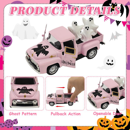 Halloween Decorations - Mini Cute Farmhouse Style Halloween Metal Truck Decor with 3 Removable Mini Ghost Ornaments for Tabletop, Tiered Tray, Shelf, Fireplace and Home Indoor Décor(Halloween-Pink)