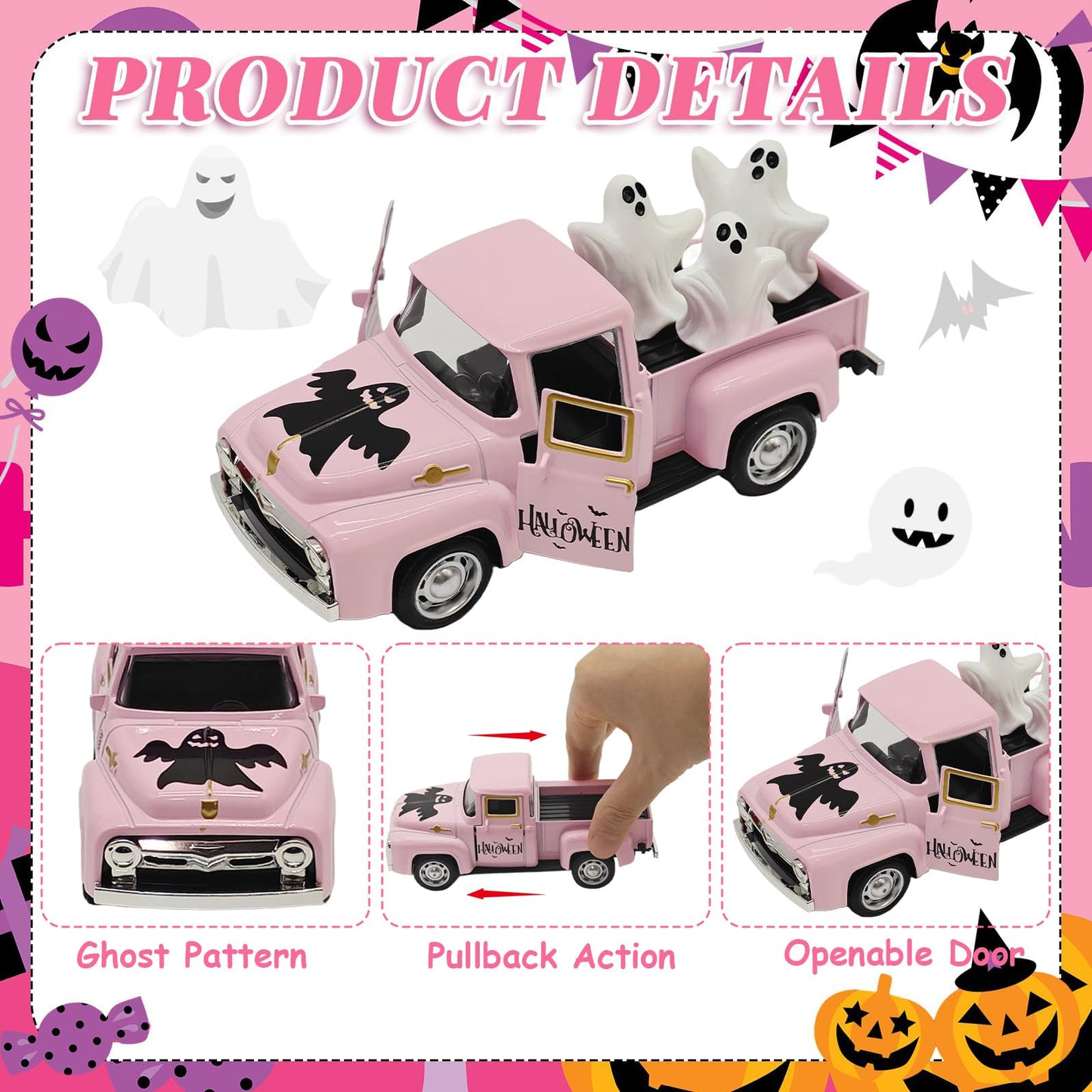 Halloween Decorations - Mini Cute Farmhouse Style Halloween Metal Truck Decor with 3 Removable Mini Ghost Ornaments for Tabletop, Tiered Tray, Shelf, Fireplace and Home Indoor Décor(Halloween-Pink)
