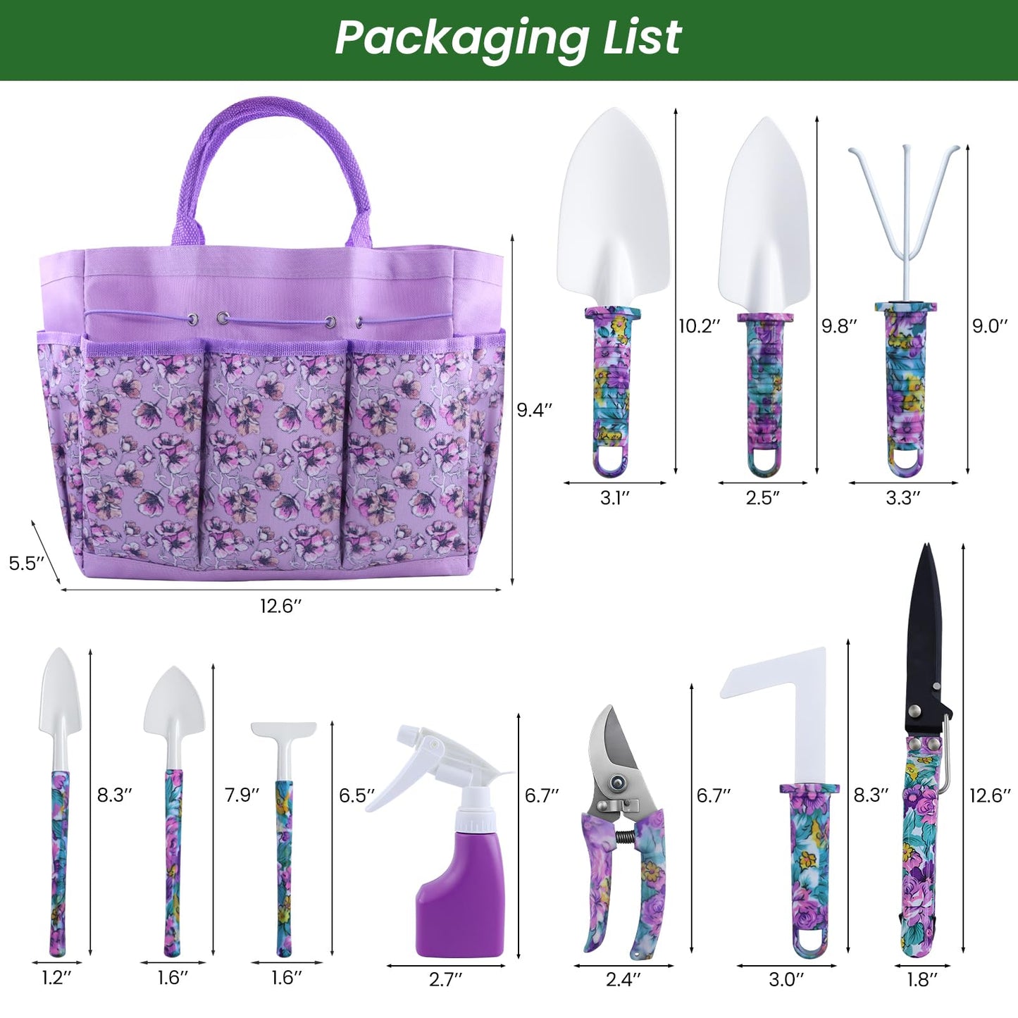Gardening Tools Set for Women, 10-Piece Purple Floral Heavy Duty Garden Tool Set with Storage Tote Bag, Gardening Tools Kit with Ergonomic Non-Slip Handle, Ideal Women's Gift for Gardening
