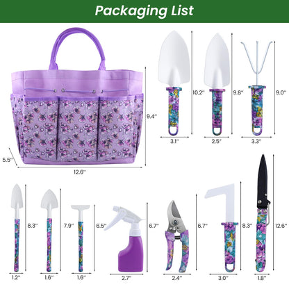 Gardening Tools Set for Women, 10-Piece Purple Floral Heavy Duty Garden Tool Set with Storage Tote Bag, Gardening Tools Kit with Ergonomic Non-Slip Handle, Ideal Women's Gift for Gardening
