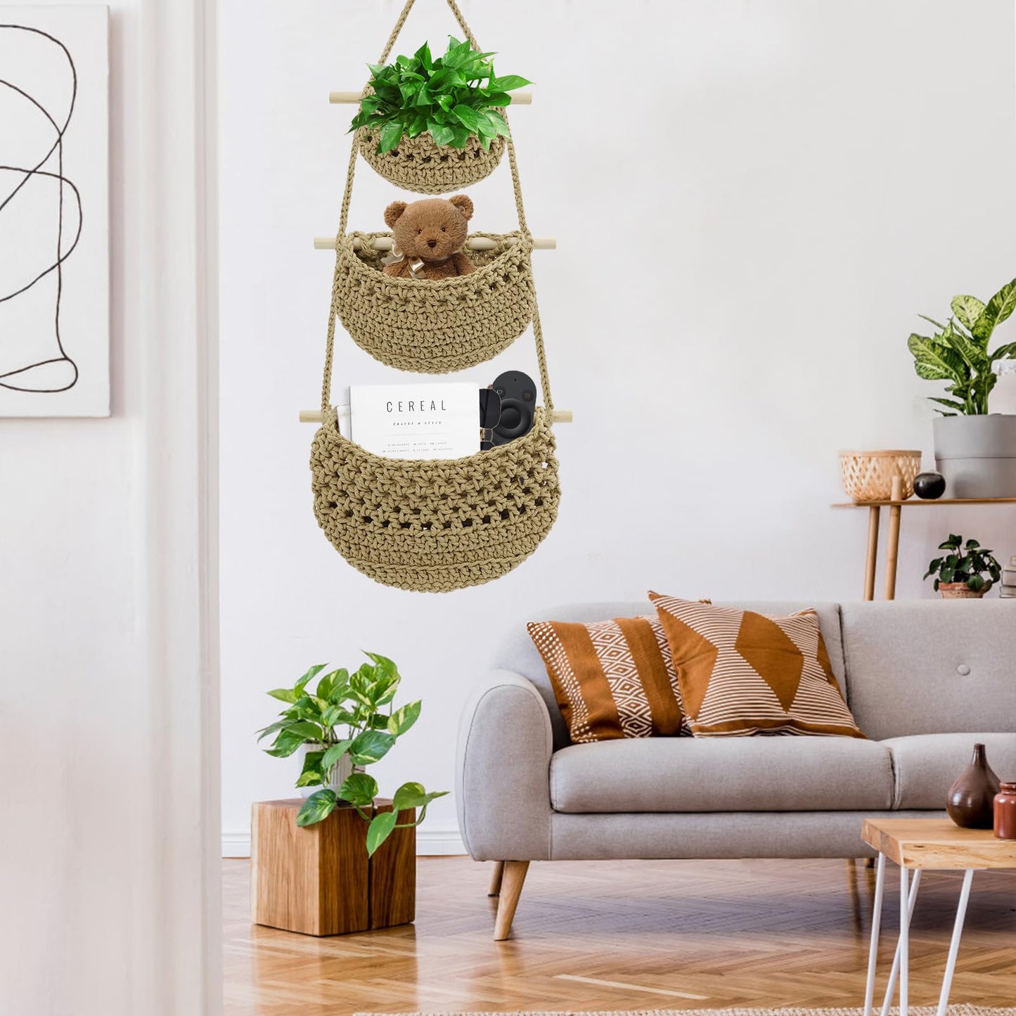 yuuzue 3 Tier Hanging Fruit Basket, Cotton Woven Wall Hanging Basket for Organizing Fruit Vegetable Storage, Boho Wall Baskets for Kitchen Bedroom Living Room
