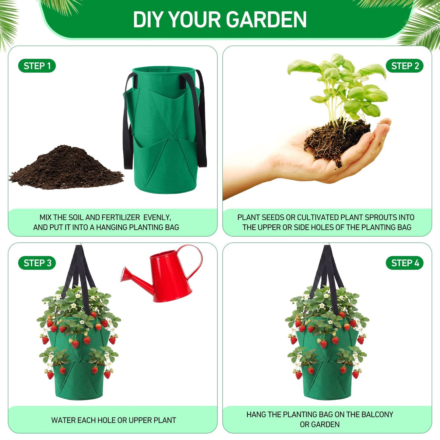SATINIOR 10 Pack Upside Down Strawberry Planter Set Hanging Vegetables Grow Bags with 10 S Hooks, 3 Gallon Fabric Planting Bags for Easy Vertical Gardening(Deep Green)