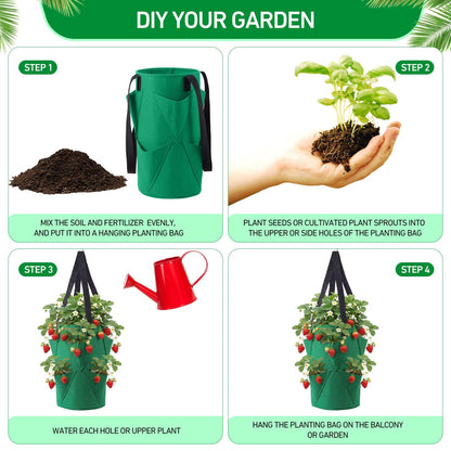 SATINIOR 10 Pack Upside Down Strawberry Planter Set Hanging Vegetables Grow Bags with 10 S Hooks, 3 Gallon Fabric Planting Bags for Easy Vertical Gardening(Deep Green)