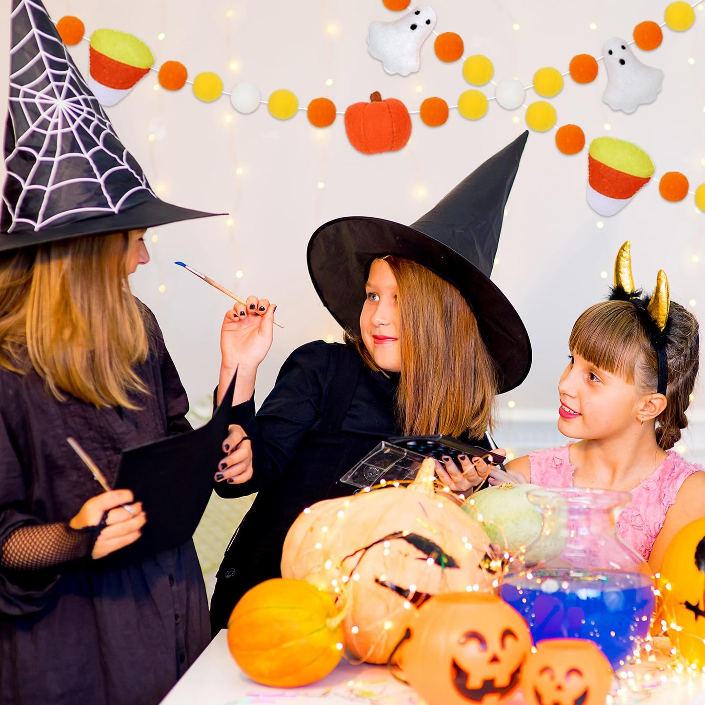 Whaline Halloween Felt Ball Banner Candy Corn Ghost Pumpkin Hanging Banner 3D Yellow White Pom Pom Garland for Halloween Party Supplies Fireplace Wall Home Decoration
