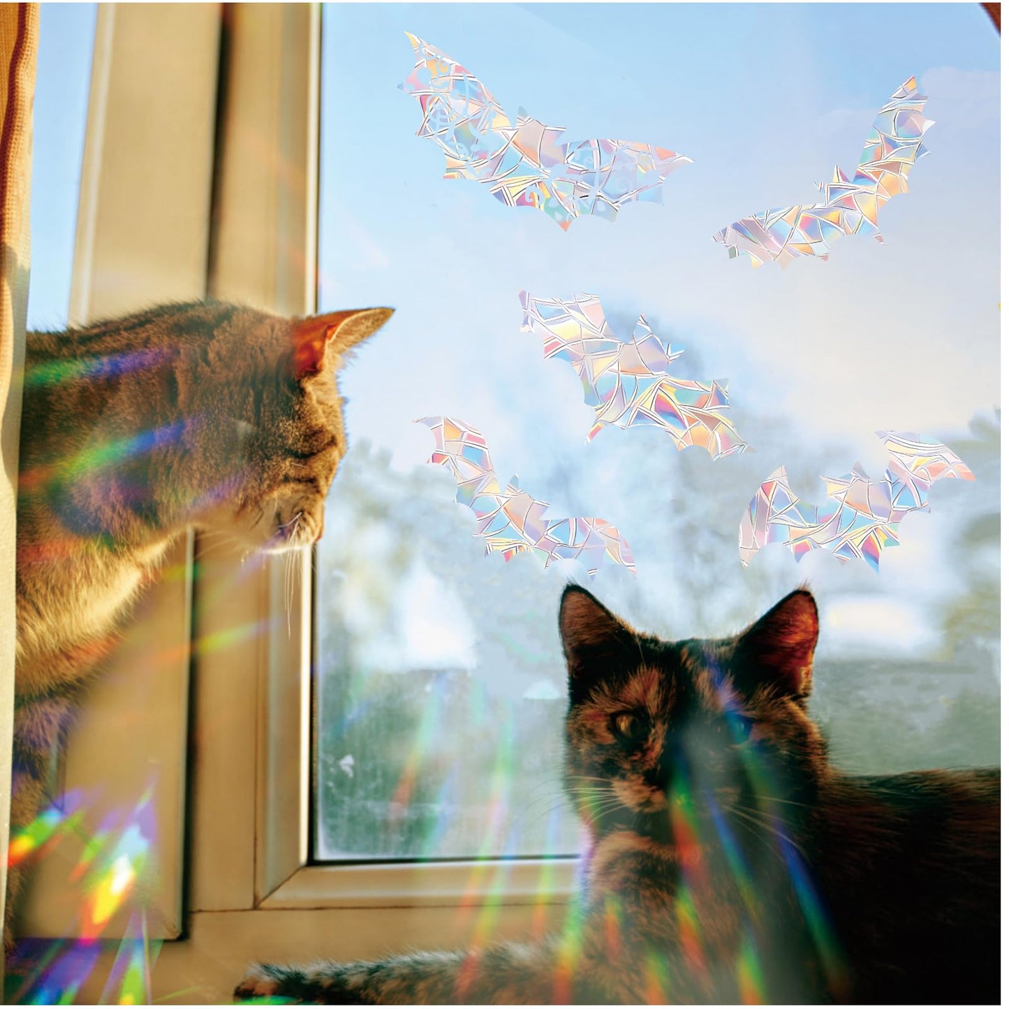 15PCS Halloween Bat Window Stickers Prevent Birds from Hitting Windows, Rainbow Sun Catcher Stickers No Glue Required, Non-Adhesive Reusable Vinyl Rainbow Stickers