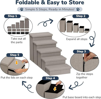 5-Step Wide Dog Stairs with Storage 23" H, Non-Slip Sturdy Pet Steps for High Bed Couch Window, Pet Stairs for Small/Medium/Large Old Dogs Cats Up to 260lbs, Cat Dog Steps for Car/SUV, Grey