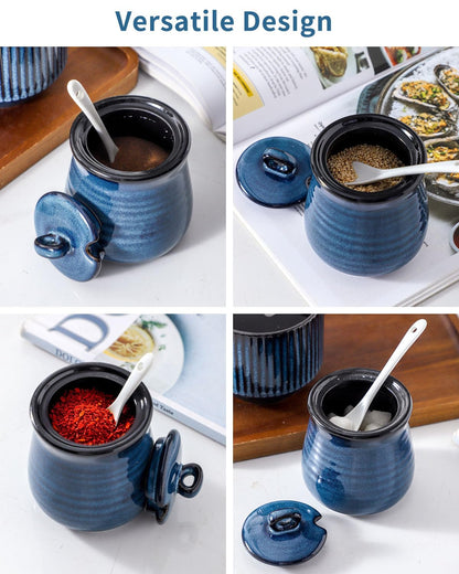 Hasense Sugar and Creamer Set, 3 Pieces with 11 Ounce Sugar Bowl with Lid and Spoon, 10 Ounce Creamer Pitcher, Ceramic Milk Pitcher and Sugar Pot for Coffee Bar, Coffee Serving Set, Navy Blue