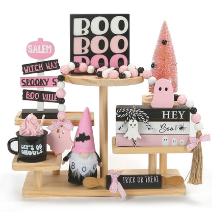 Pink Halloween Decorations 8PCS Tiered Tray Decor, Cute Girlie Tabletop Halloween Decor for Home Office Tray Shelf Mantel Office Table Centerpieces Farmhouse Rustic Spooky Wood Signs