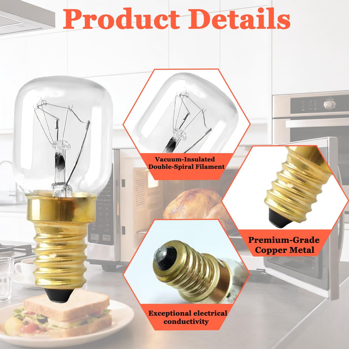 4 PCS WPW10412711 Microwave Oven Bulbs, E14 25W 2700K 110V~130V Microwave Bulbs, Suitable for Whirlpool, Maytag, Amana, IKEA AP6021092 PS11754413 EAP11754413 High-Temperature Resistant Bulb 300°C