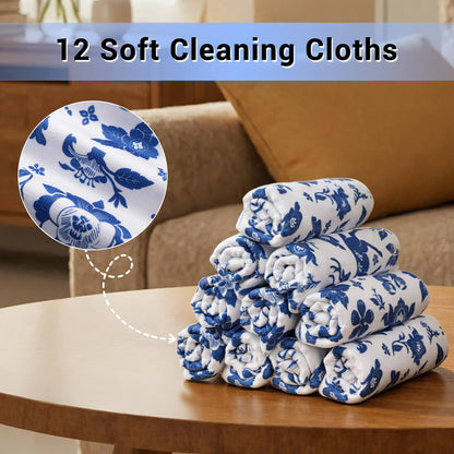YUA Microfiber Cleaning Cloth 12 Pack,Microfiber Towels Cleaning,Microfiber Towels for Cars,Absorbent Dish Washing Cloth,Reusable Cleaning Cloths Lint Free (Blue Floral Deer)