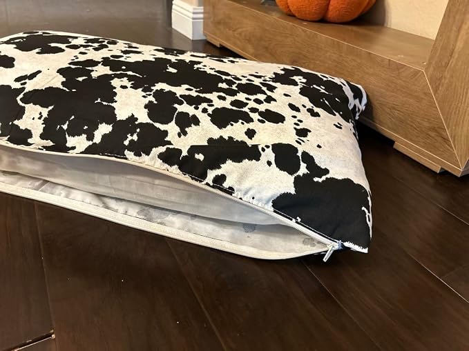 Natural Cotton Canvas Dog Bed – Raw Cotton Filled Pet Cushion Insert, Breathable Eco-Friendly Dog Mattress, Durable Washable Cover with Zipper (Cow Print Black White, Small 36"x22"x3")