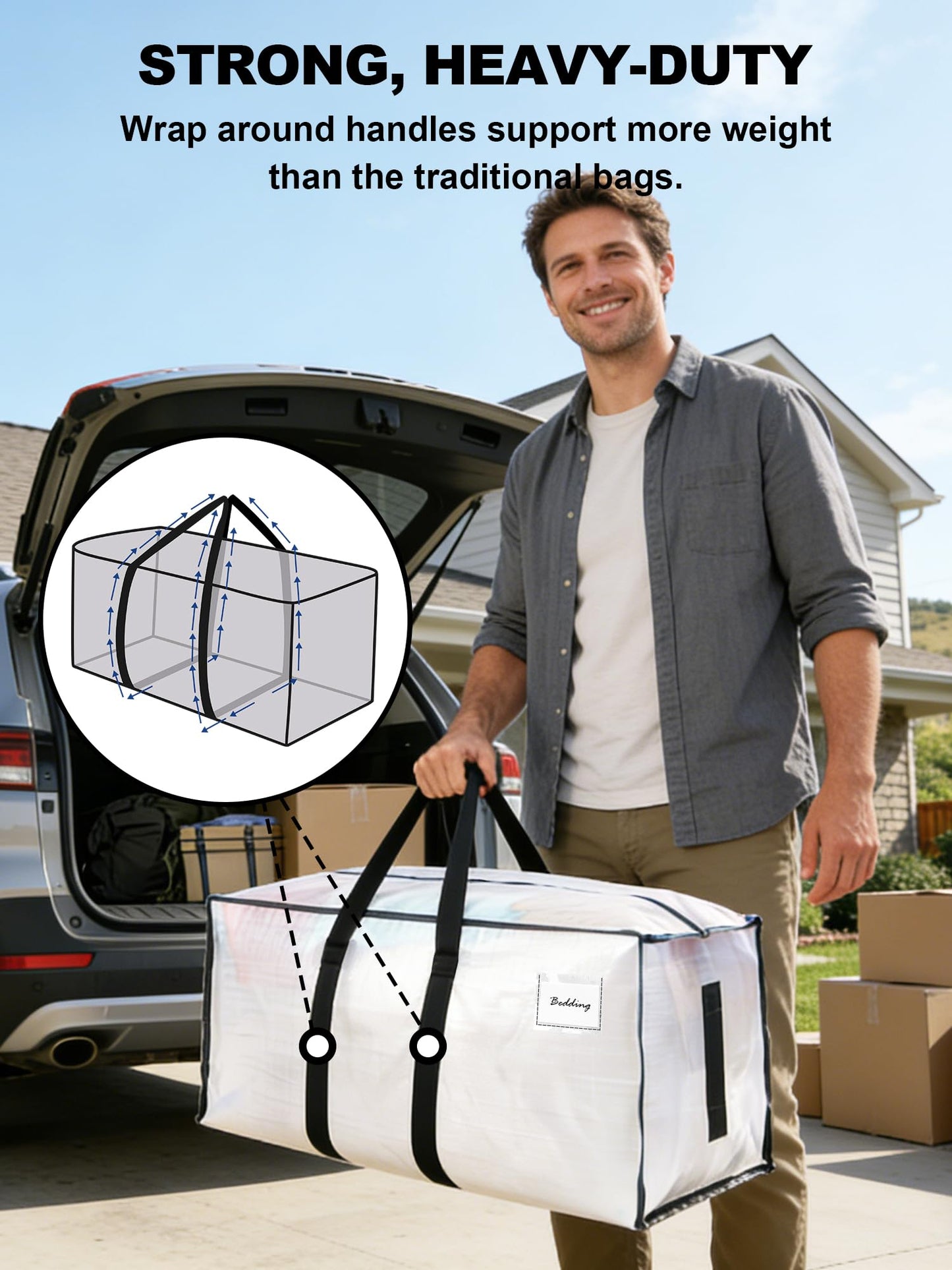 HOMESURE Supports 200lbs Heavy Duty Moving Bags - Strong Zipper & Wrap-Around Handles - Water-Resistant Storage Totes, Durable Alternative to Moving Boxes - 8 Pack - Semi-Transparent