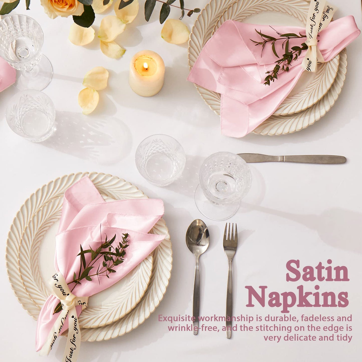 Cobedzy 60 Pack Satin Table Cloth Napkins, 17x17 Inch Blush Pink Silky Wedding Napkins Cloth Washable, Luxury Dining Table Cloth Napkins Set for Birthday Holiday Party Dinner Restaurant