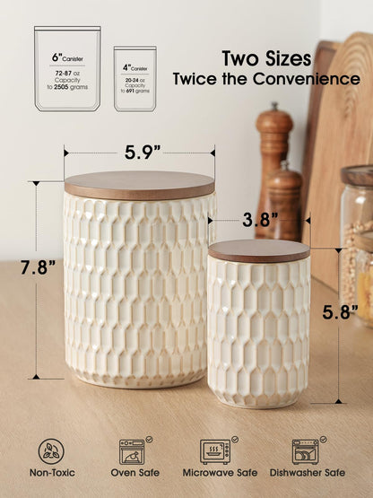 ArteBake Ceramic Canisters Sets for the Kitchen, Flour Sugar Storage Containers, Diamond-Patterned Design, Coffee Canister with Airtight Lid for Counter Spice and Food (White Sets of 2)