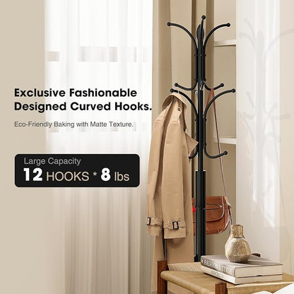 Coat Rack Freestanding,12 Hooks Metal Coat Racks with Umbrella Holder,Sturdy Hall Rree,Easy Assembly Coat Rack Stand for Hanging Scarf,Purse,Hats,Jacket(Black)