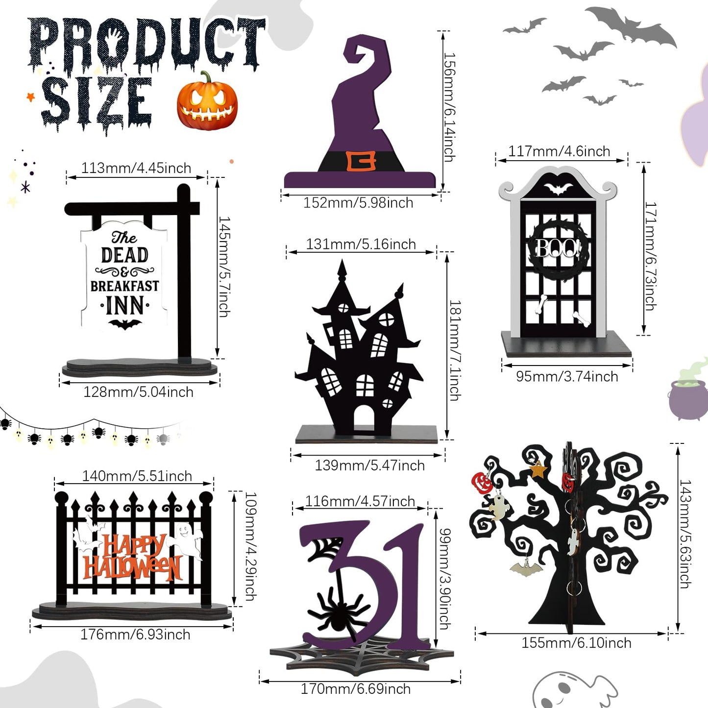 Soaoo 7 Pcs Halloween Wood Centerpieces Decorations 3D Halloween Tiered Tray Wood Decor Spooky Theme Decorations Ghost Party Table Topper for Home Table Shelf Party Display Centerpieces Photo Prop