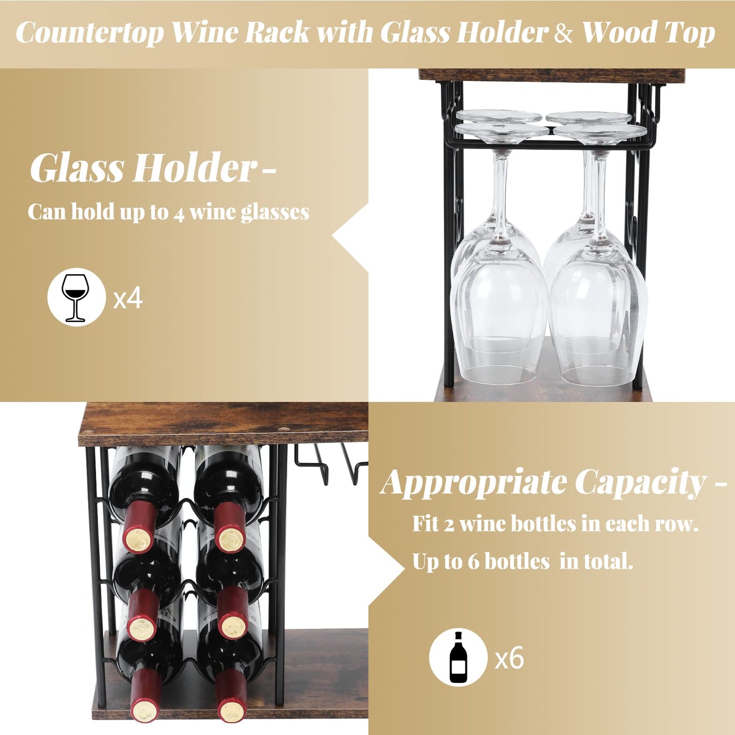 MOOACE Countertop Wine Rack, Wine Bottle Rack with Glass Holder