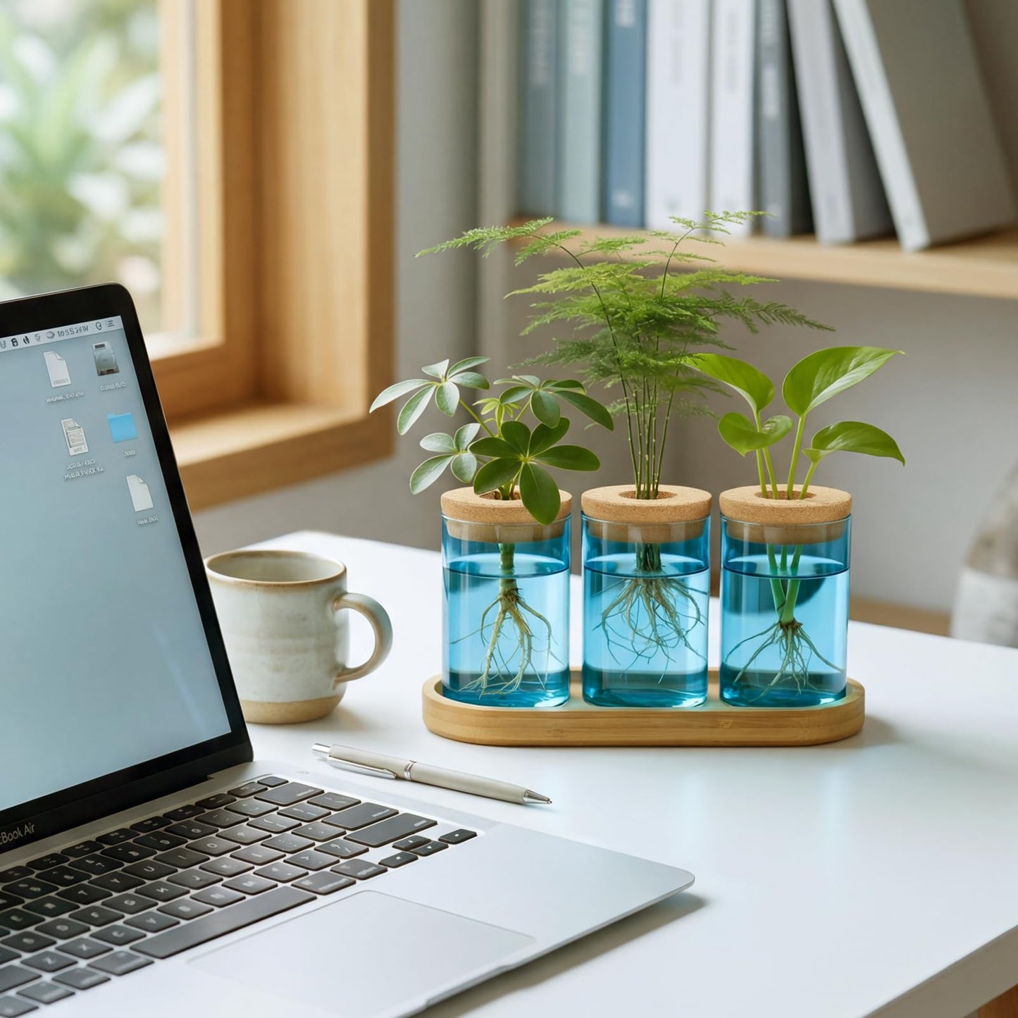 Dahey Blue Plant Propagation Terrarium Desktop Glass Planter Station Water Planting Glass Vase with Lid and Wooden Stand for Propagating Hydroponic Plants Centerpiece Office Home Garden Decor, 3 Pcs