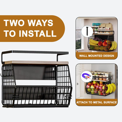 Clothink Magnetic Shelf for Fridge,Hanging Wall Basket for Potato Onion Fruit and Vegetable Storage Bins,Large Produce Container Magnetic Spice Rack for Refrigerator Kitchen Counter Pantry,Black