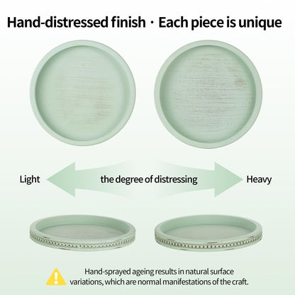 Hanobe Sage Green Tray Decor: Round Decorative Tray for Coffee Table Centerpiece - Wooden Candle Plate Holder for Rustic Farmhouse Home Living Room Kitchen Counter