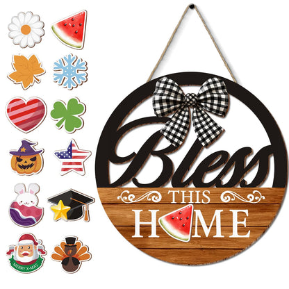 Interchangeable Seasonal Bless This Home Hanging Sign - Farmhouse Front Door Decoration for Spring All Seasons Holidays - Rustic Round Wood Wreaths with 12 Icons(Orange)