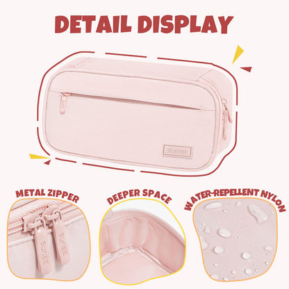 SUNEE Cute Pencil Case, Large Capacity Pencil Pouch, Big Storage Organizer for Stationery, Zipper Pen Bag,Back to School Supplies,Office Water-Repellent Nylon Pencil Bag for Teen Girls Boys,Light Pink