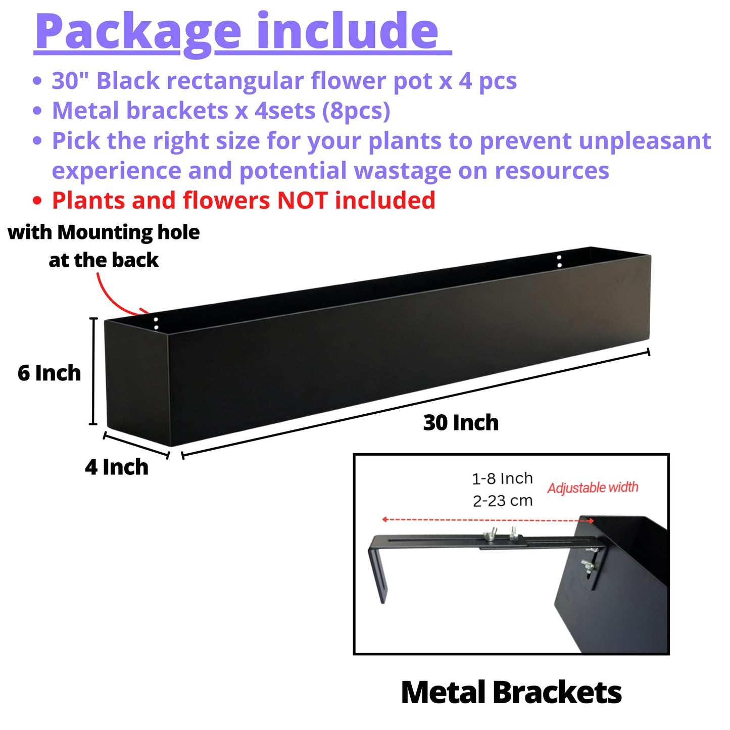 LaLaGreen Railing Planter Box (30 Inch, 4 Pack) Large Black Metal Rectangular Hanging Flower Boxes with Brackets, Planters for Outdoor Deck Railings Fence Balcony Patio Porch Over Rail Garden Decor