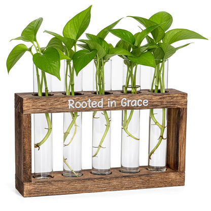Rooted in Grace Plant Propagation Station – Wooden Stand with 5 Glass Vases, Faith-Inspired Christian Gift for Women, Indoor Plant Cutting Holder for Home, Office, Garden and Housewarming Décor