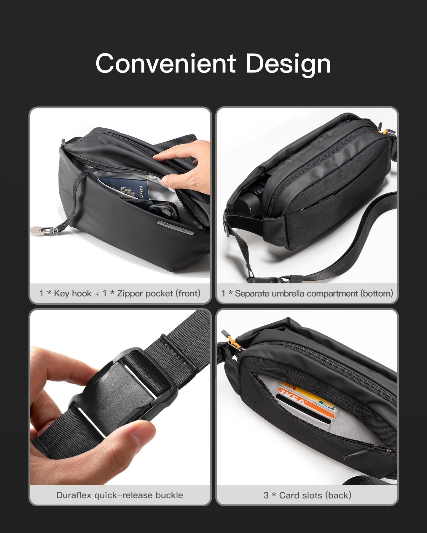 Inateck Sling Bag X, Multi-pocket Crossbody Shoulder Chest Bag with Adjustable Shoulder Strap, Water-resistant Waist Fanny Pack for Men, Women, Travel, Daily Use, Cycling, Hiking, Black, Large