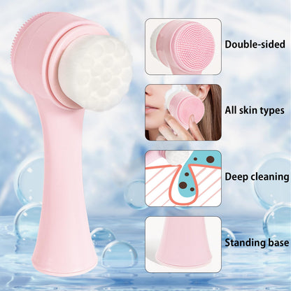 Face Brush 2 in 1, Facial Cleansing Exfoliating Scrubber Brush, Silicone Double Side Manual Face Wash Scrub Brush with Soft Bamboo Charcoal Fiber for Deep Pore Cleansing, Massaging, Skin Care