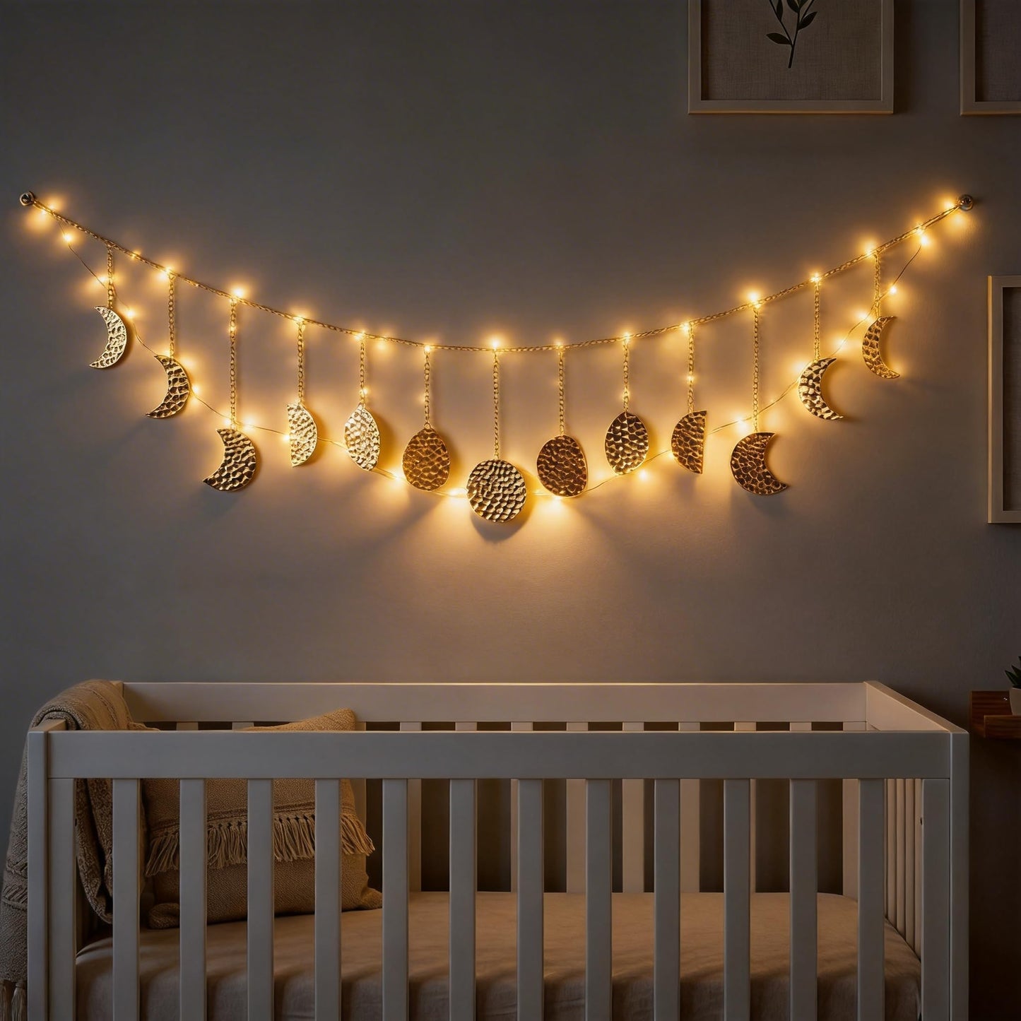 Opulinea Boho Moon Phase Wall Hanging, Gold Hammered Metal LED Celestial Garland for Bedroom Witchy Home Christmas Decor