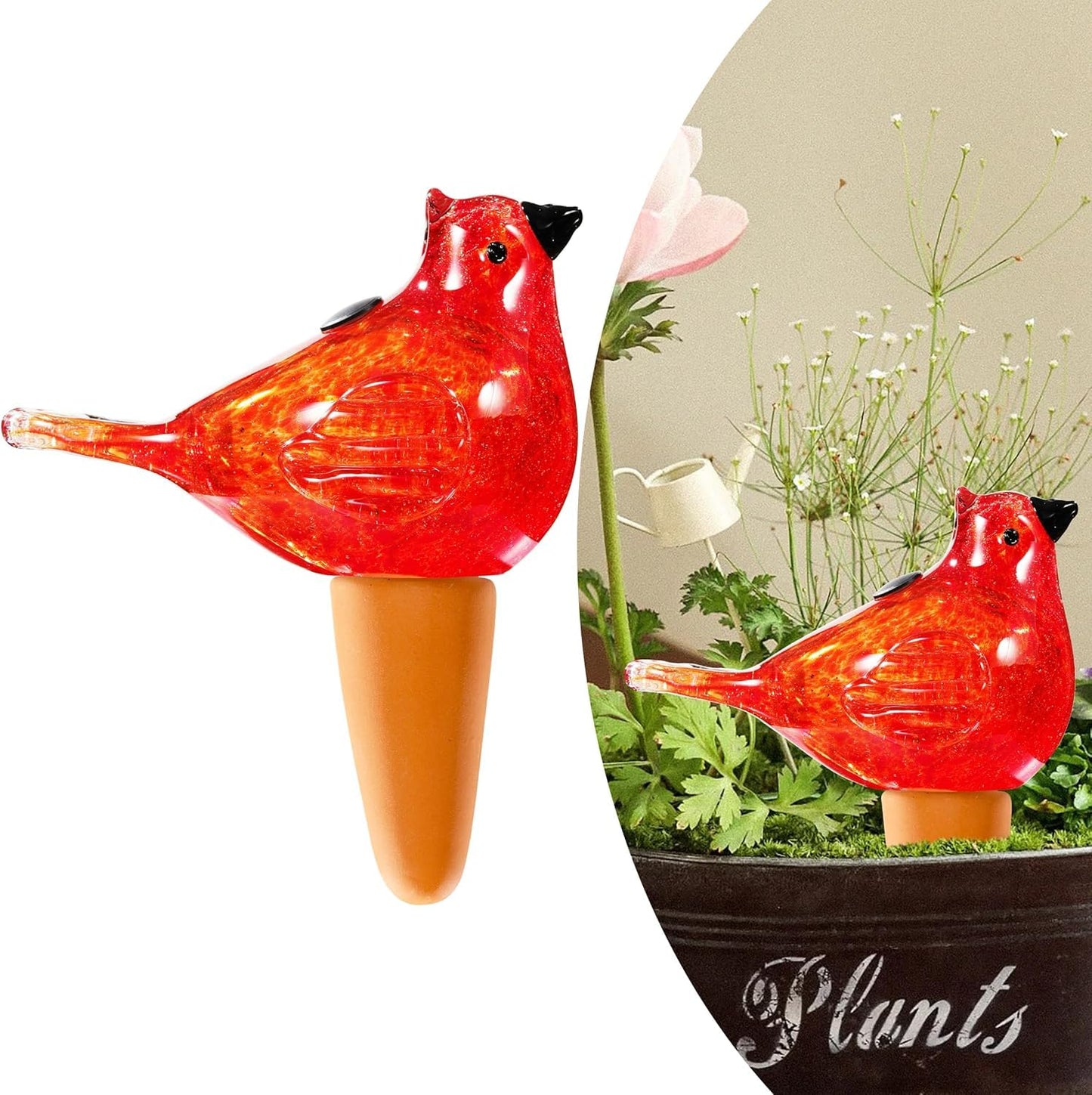Plant Watering Globes, Bird Glass Self Watering Planter Insert - for Indoor & Outdoor Plants - Glass Plant Water Globes for Daily Use, Planter Spikes to Support Indoor & Outdoor Plant Health, Red