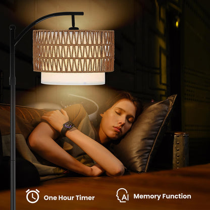 Yusist Arc Floor Lamp for Living Room,Farmhouse Floor Lamps with Remote Control & Dimmable Bulb,Rattan Boho Tall Standing Lamp for Bedroom Office
