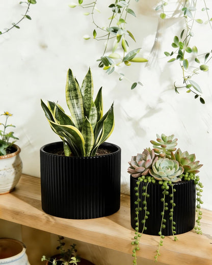 Swkien Matte Black Ceramic Plant Pots, 8.1 + 6 Inch Planters for Indoor Plants, Modern Flower Pots with Drainage, Two-Sizes Set