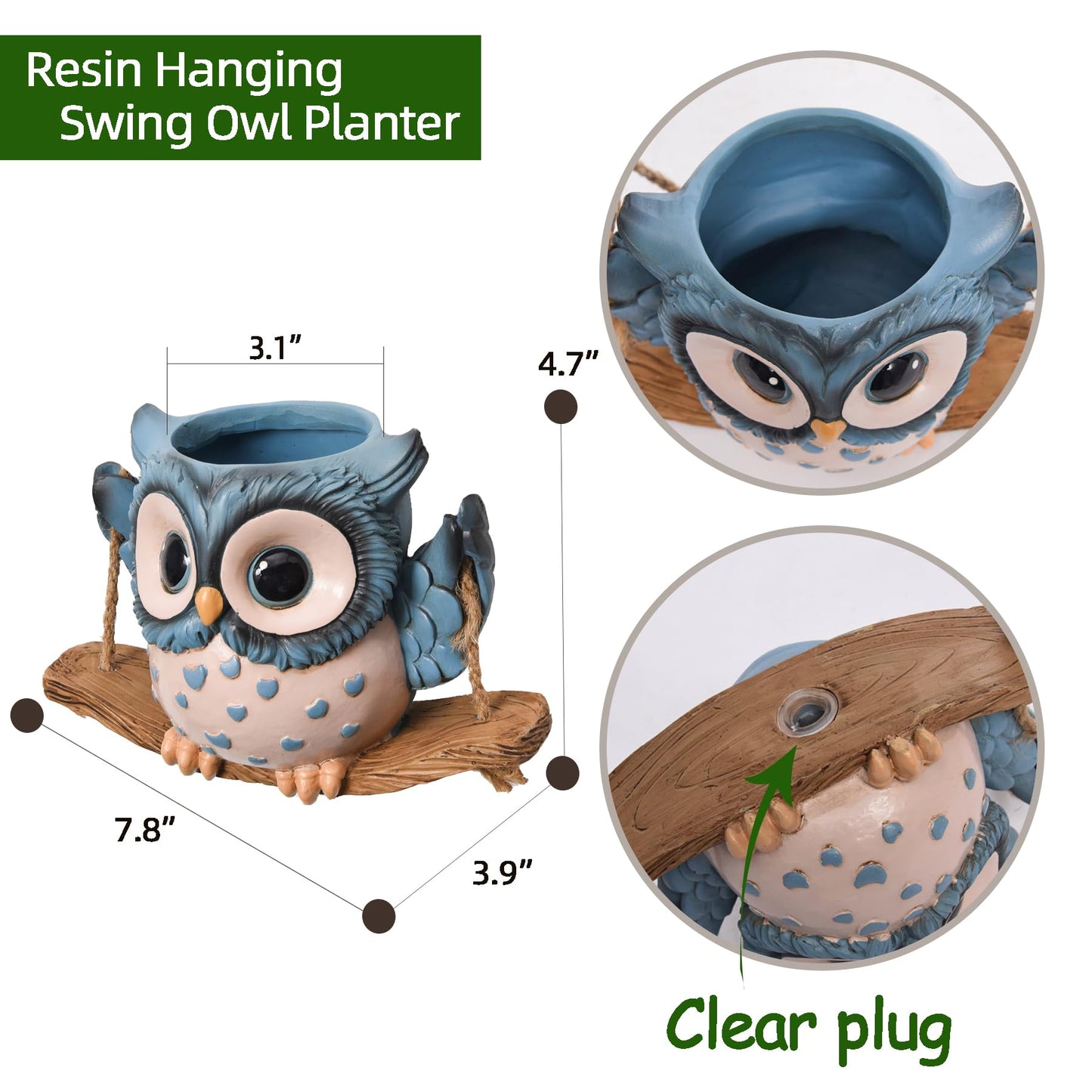 Swing Owl Hanging Planters for Indoor Plants, Cute Small Succulent Pots with Drainage Hole, Unique Resin Plant Hangers Outdoor, Hanging Plant Holder for String Of Pearls, Gift Ideas for Mother