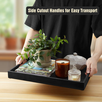 17 Inch Wood Serving Tray with Handles - Large Wooden Tray for Ottoman, Breakfast in Bed, Dinner, Coffee Table - Black Rectangular Tray for Living Room Bedroom Entryway and Kitchen