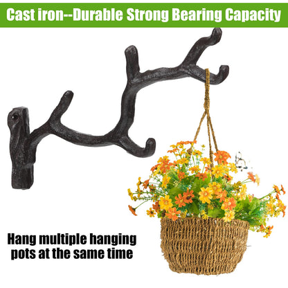Blulu 2 Pcs 11'' Cast Iron Tree Branch Plant Hangers Decorative Metal Wall Bracket Hooks Wall Heavy Duty Home Storage Rack for Hanging Plants Pot Basket Lantern Wind Chimes Outdoor Indoor (Rust Brown)