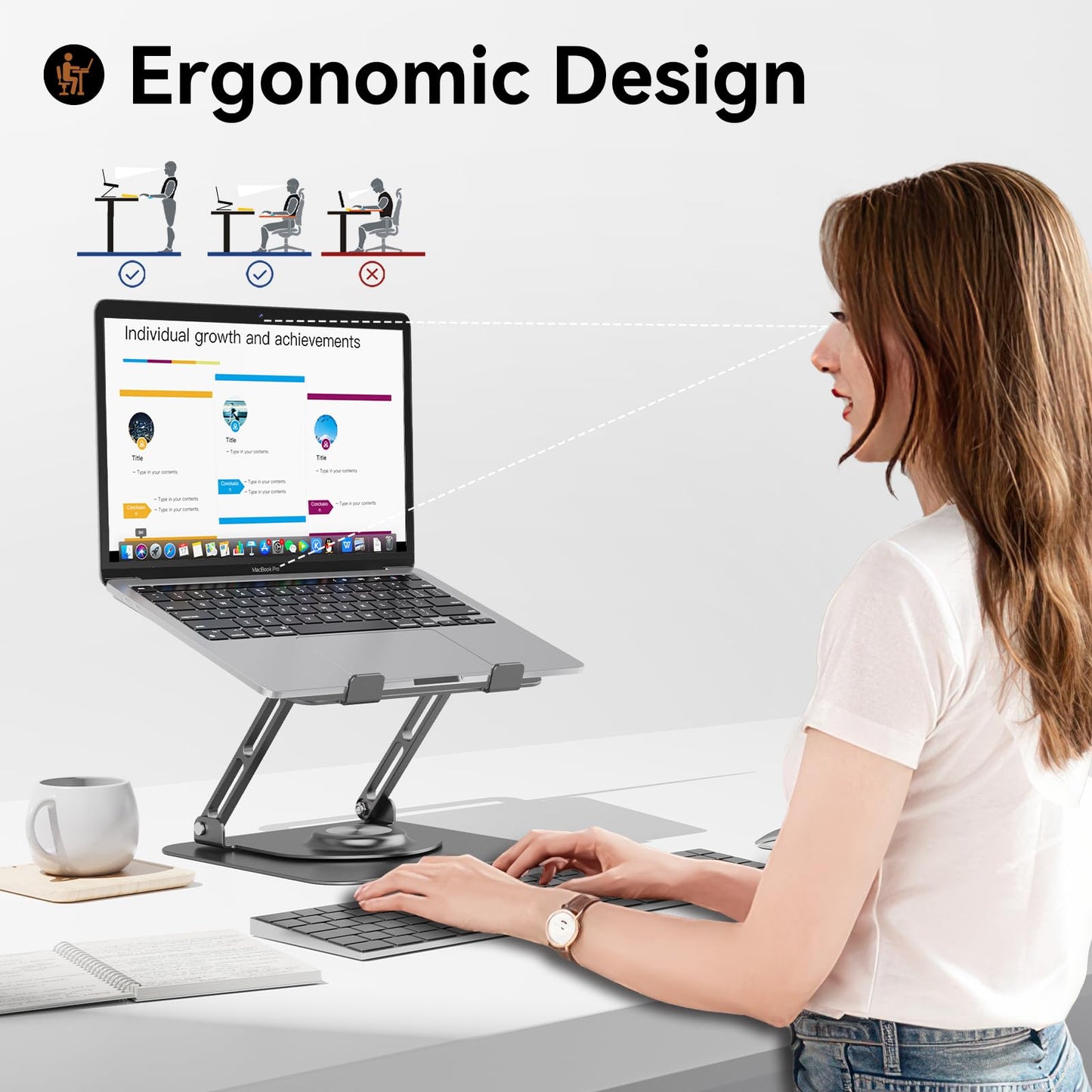 JOYEKY Laptop Stand for Desk, Adjustable Computer Stand with 360° Rotating Base, Ergonomic Laptop Riser for Collaborative Work, Foldable & Portable Laptop Stand, fits for All 10-16" Laptops (Grey)