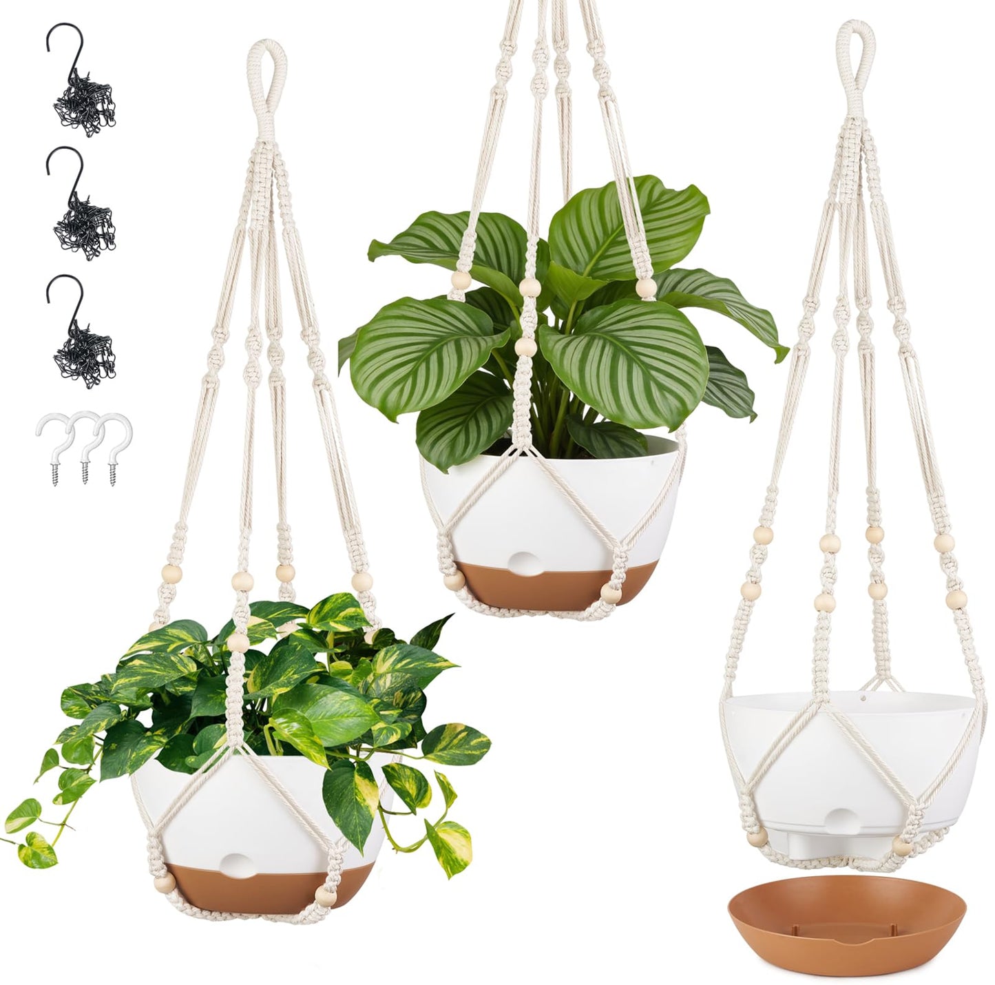 Mkono Set of 3-10 Inch Hanging Planters for Indoor Plants with Self Watering, Outdoor Hanging Plant Pot with Macrame Plant Hangers, 2 Kinds Hanging Basket for Garden Home Ceiling Window Decor