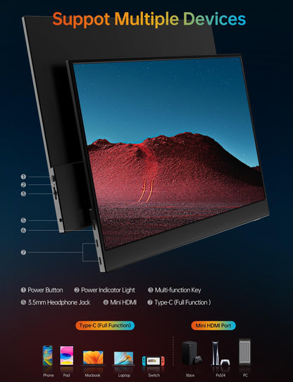 VILVA Portable-Monitor-for-Lapto - 15.6'' 1080P FHD IPS Display USB-C HDMI Portable Monitor for Laptop with Cover and Speakers External Monitor for Laptop/PC/Mac/Phone/Xbox Switch/PS4/
