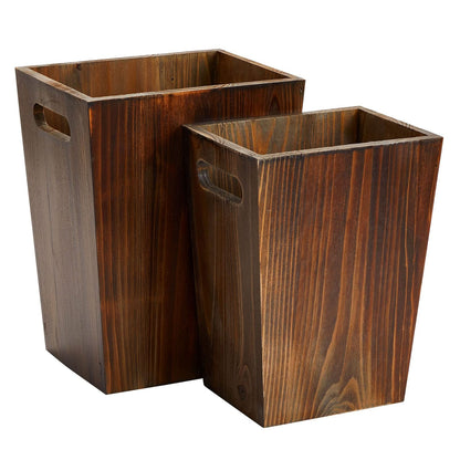 Farmlyn Creek 2 Piece Rustic Style Wood Trash Can Set - Farmhouse Square Wastebasket Bins with Handles for Home or Office (Brown, Small & Large) - Rustic Bathroom Trash Can Set