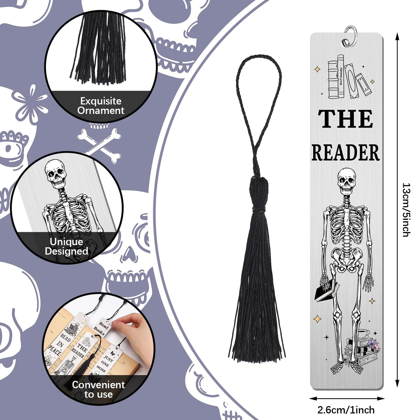Honoson 8 Pcs Skeleton Gothic Bookmarks Funny Book Lover Bookmark Skull Novelty Metal Bookmarks with Tassels for Women Men Reading Accessories Halloween Birthday Gifts