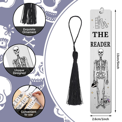 Honoson 8 Pcs Skeleton Gothic Bookmarks Funny Book Lover Bookmark Skull Novelty Metal Bookmarks with Tassels for Women Men Reading Accessories Halloween Birthday Gifts