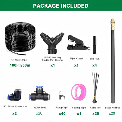 Drip Irrigation System with Brass Nozzles – 2026 Upgrade 100FT Garden Watering Kit with 20Pcs 360° Adjustable Misting Sprinklers Quick Connect Fittings for Raised Beds, Lawn, Patio