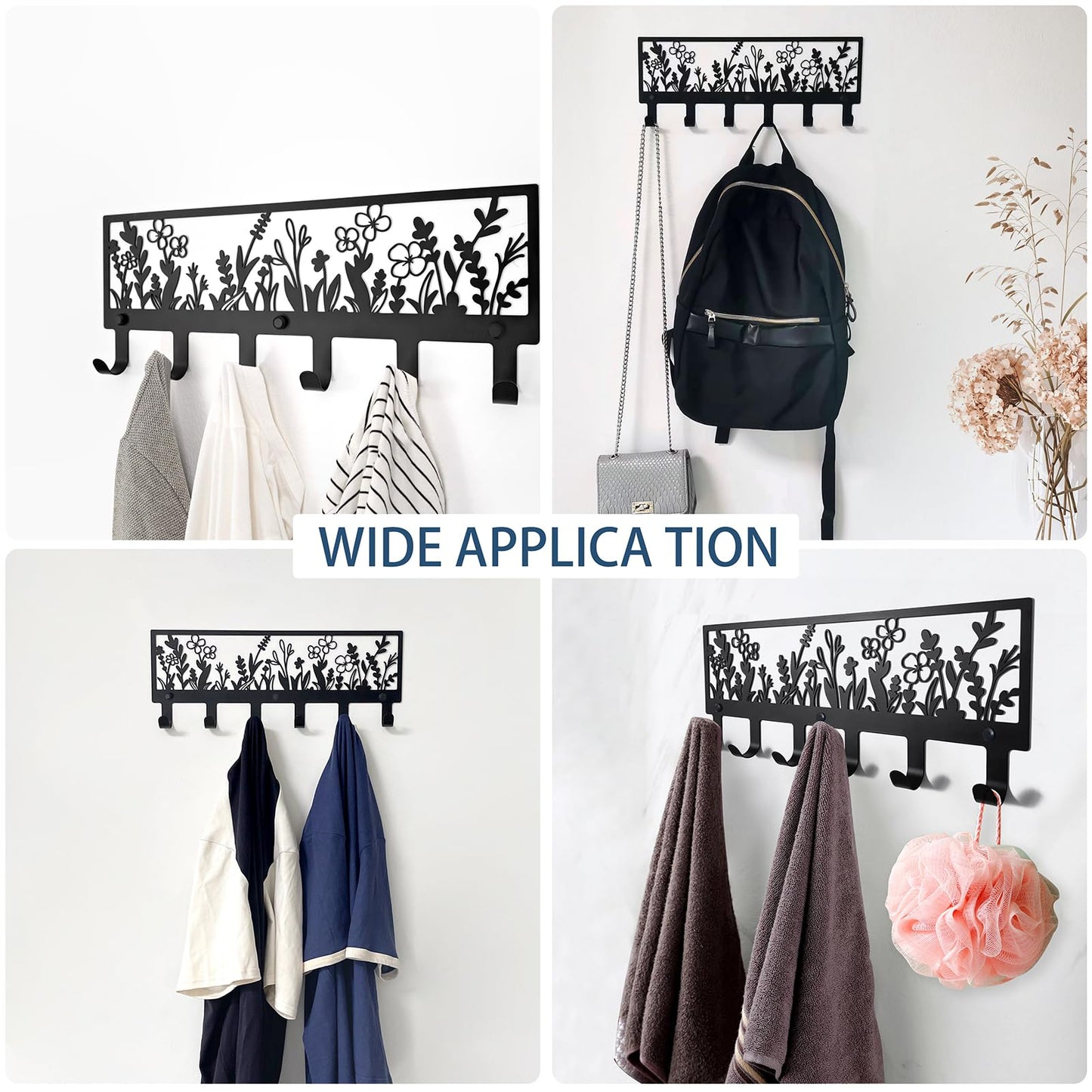 MUYUSEN Floral Wall Mounted Coat Rack with 6 Hooks Decorative Black Metal Hanger for Coats, Hats, Bags, Keys,Towels - Ideal for Hallway, Bathroom, Kitchen, Office (15.55x5.98x1.22 Inches)