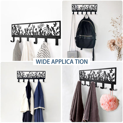 MUYUSEN Floral Wall Mounted Coat Rack with 6 Hooks Decorative Black Metal Hanger for Coats, Hats, Bags, Keys,Towels - Ideal for Hallway, Bathroom, Kitchen, Office (15.55x5.98x1.22 Inches)